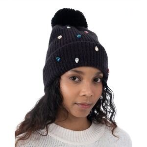 INC International Concepts Embellished Pom Beanie Black One Size Faux Fur NWT